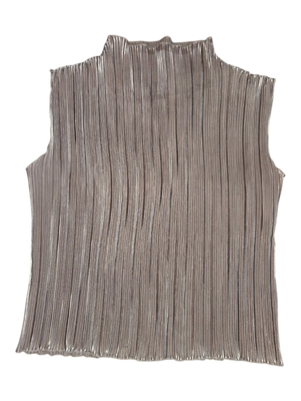Vintage Sleeveless Metallic Pleated Mock Neck Top - Taupe Size M